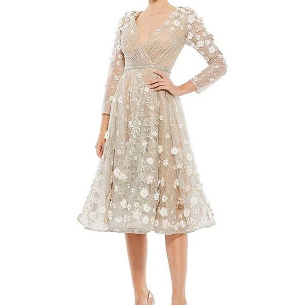 Mac Duggal Beige Blush Floral Appliqu Long Sleeve Lace Fit & Flare Dress